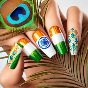 Peacock feather Indian flag nail art